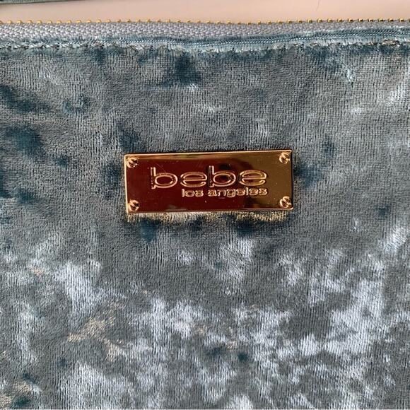 bebe Crushed Velvet Light Blue Wristlet Bag - Picture 3 of 7